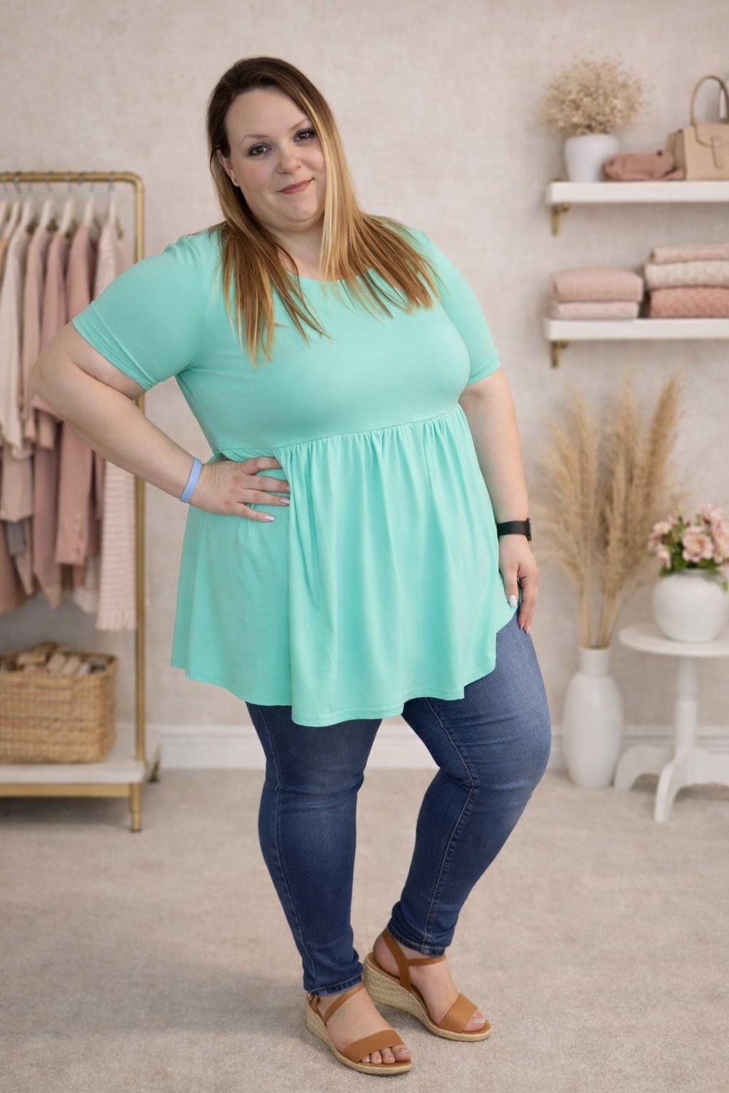 Woman wearing a light blue tunic and jeans in a store setting