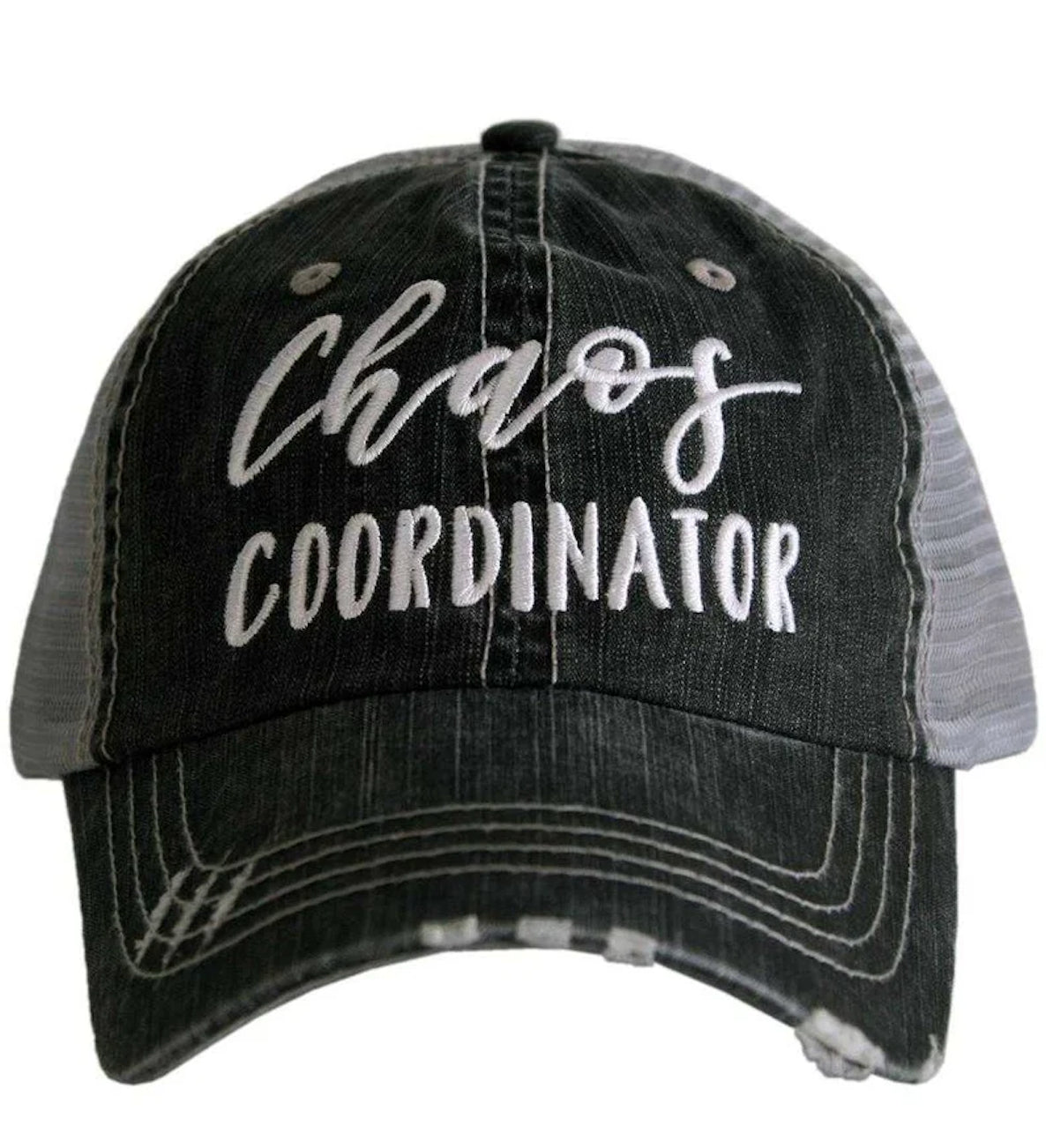 Black and gray cap with 'Chaos Coordinator' text on a white background