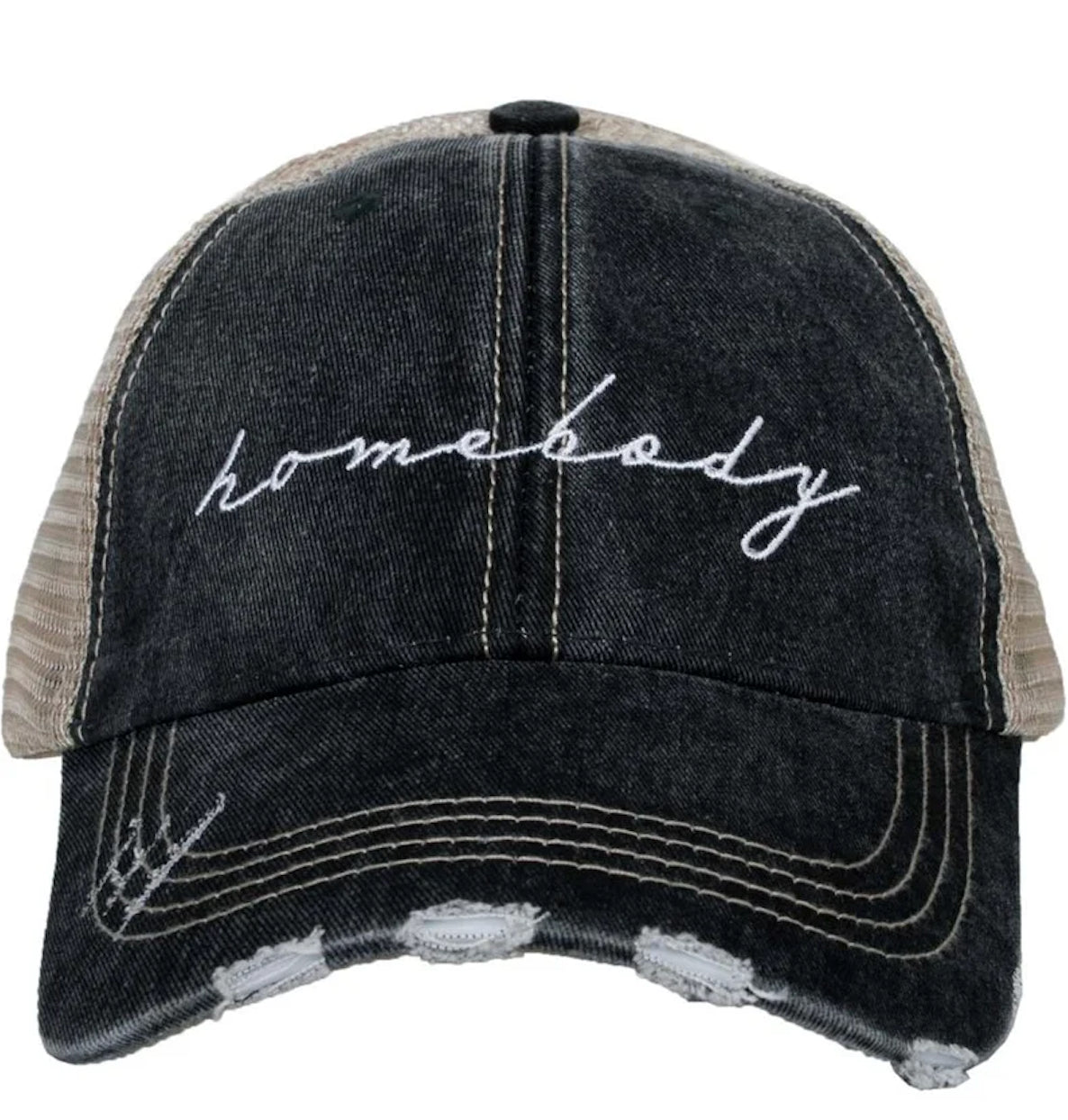 Grey and white hat with 'homebody' embroidery on a white background