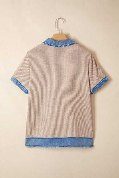 Beige Ribbed Denim Collar Blouse RTS