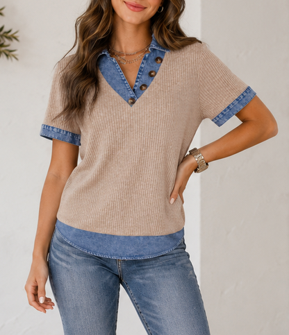 Beige Ribbed Denim Collar Blouse RTS
