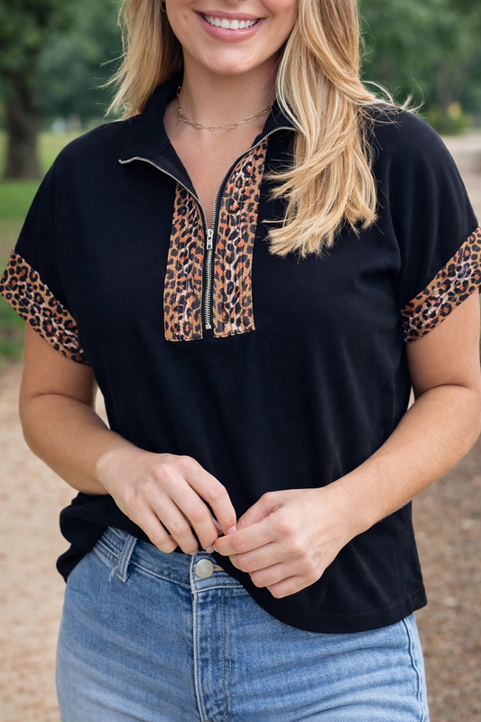 Black Plus Leopard Zip Top