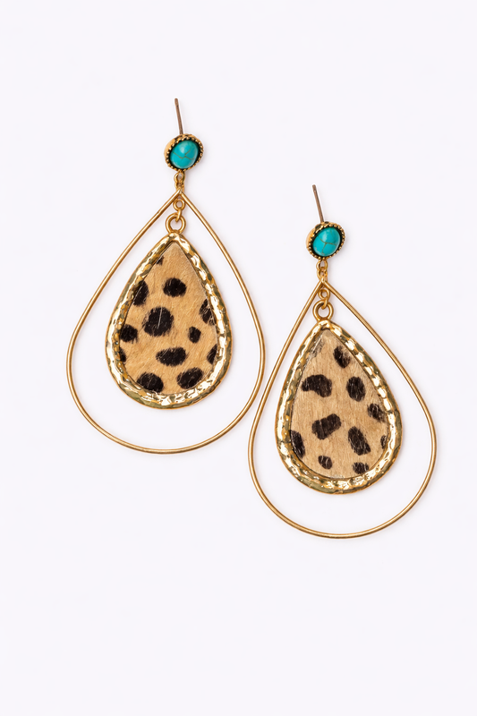 Teardrop-shaped earrings with leopard print and turquoise stones on a white background