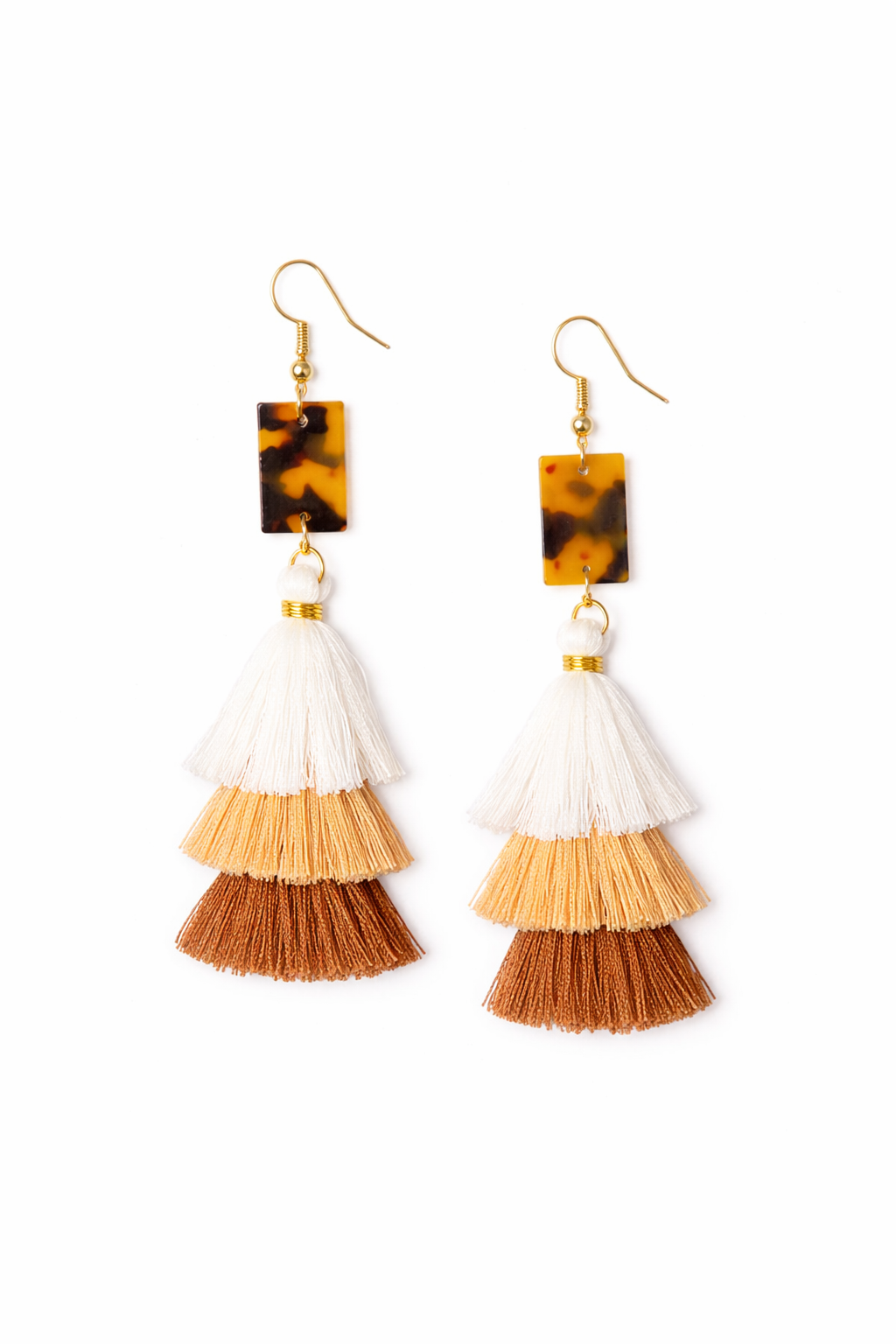 Pair of tiered tassel earrings with tortoiseshell accents on a white background