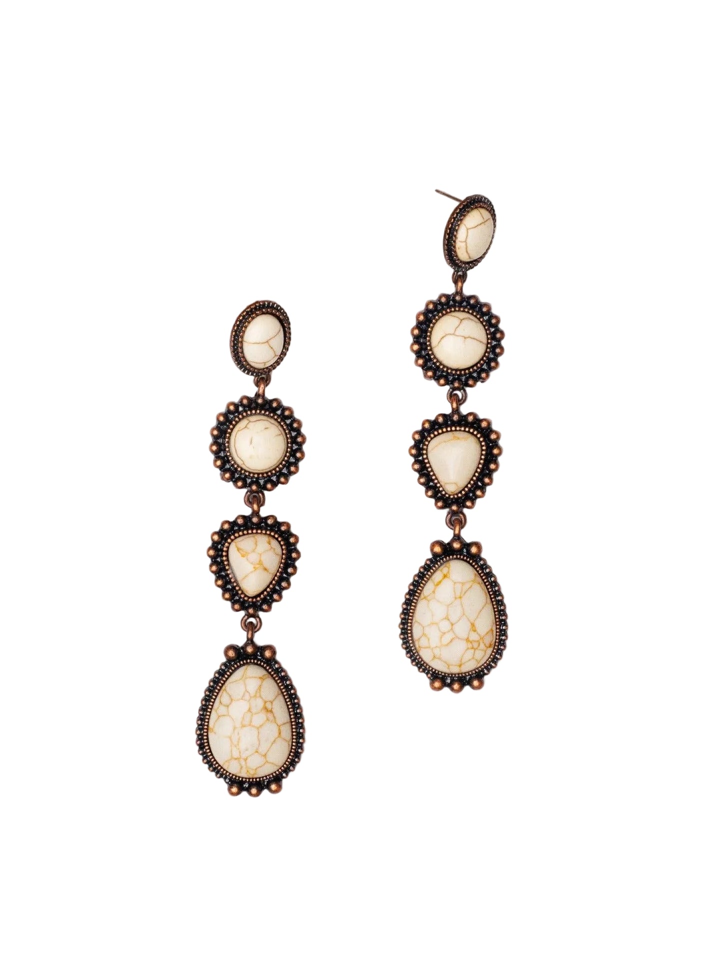 Pair of copper earrings with cream marble stones on a white background. 