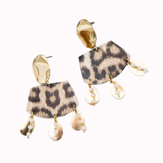 Leopard print earrings with gold accents on a white background
