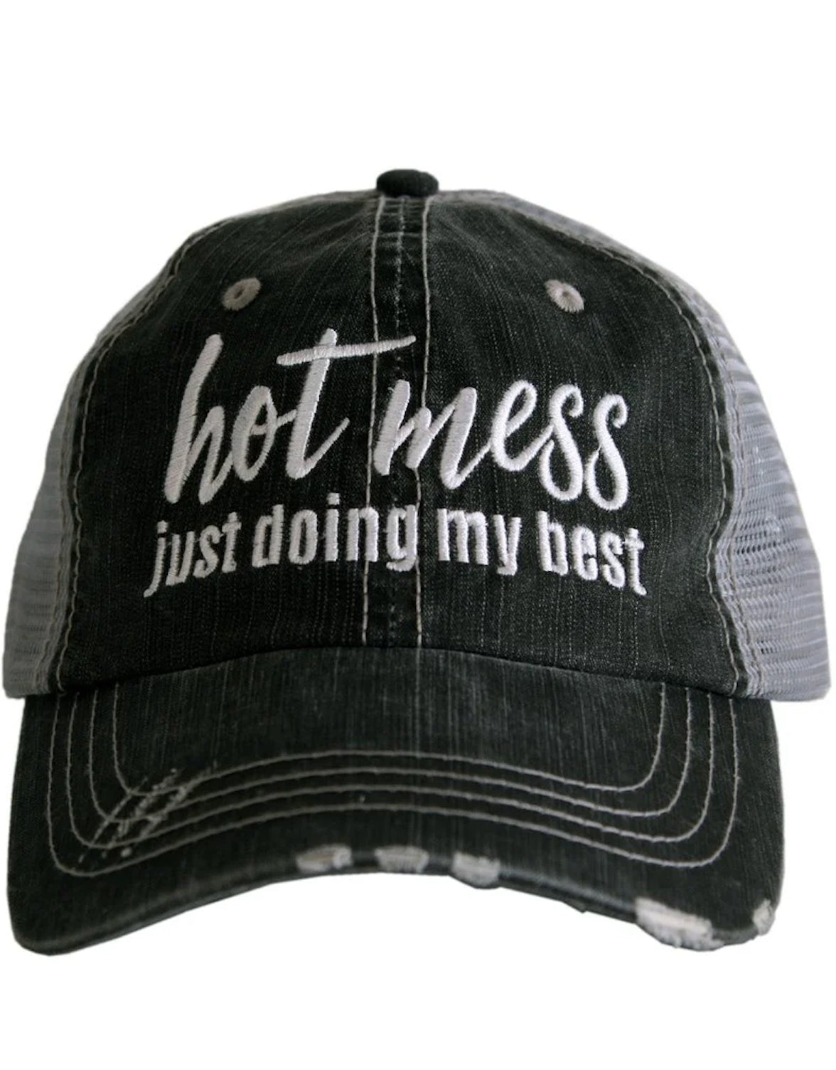 Gray and white cap with 'hot mess just doing my best' text on a white background